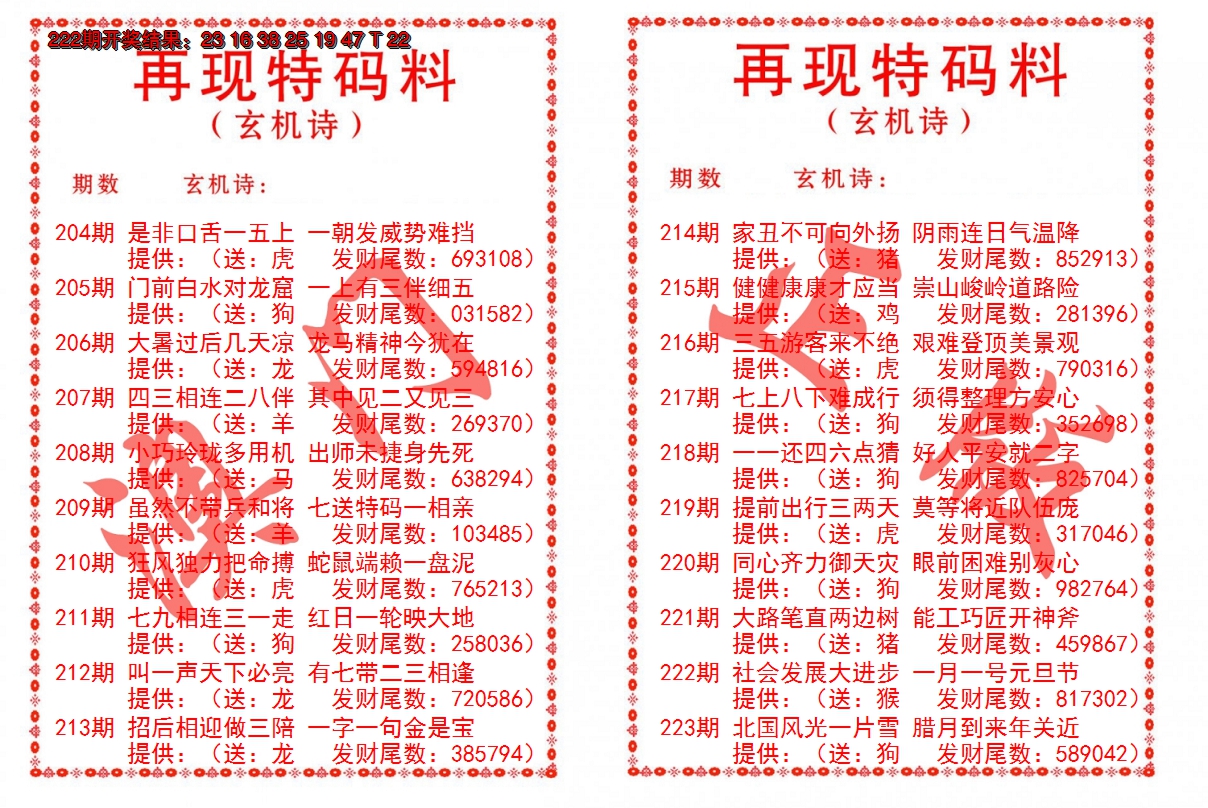 2024223期再现特码料