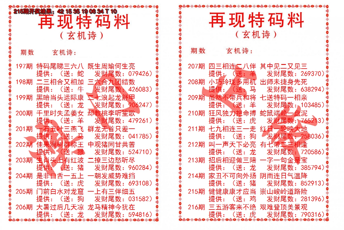 2024216期再现特码料