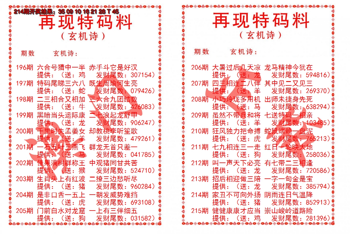 2024215期再现特码料