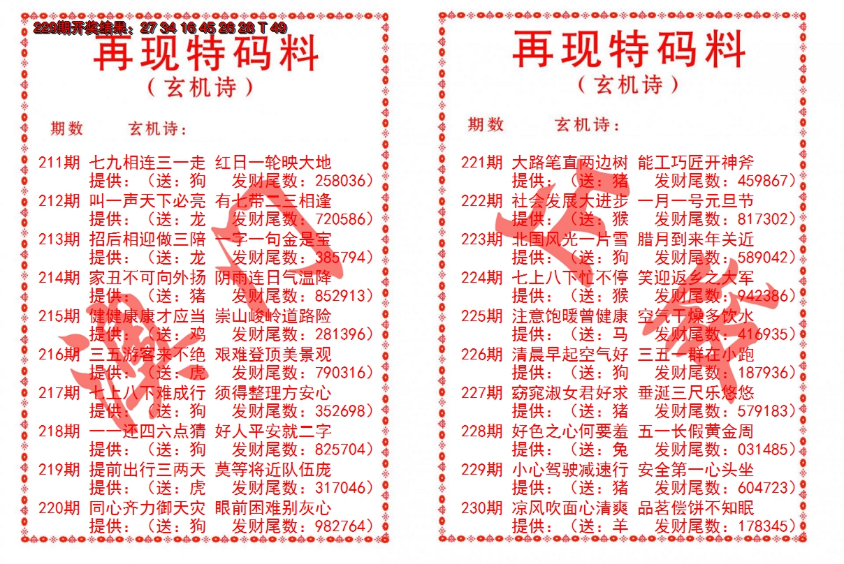 2024230期再现特码料