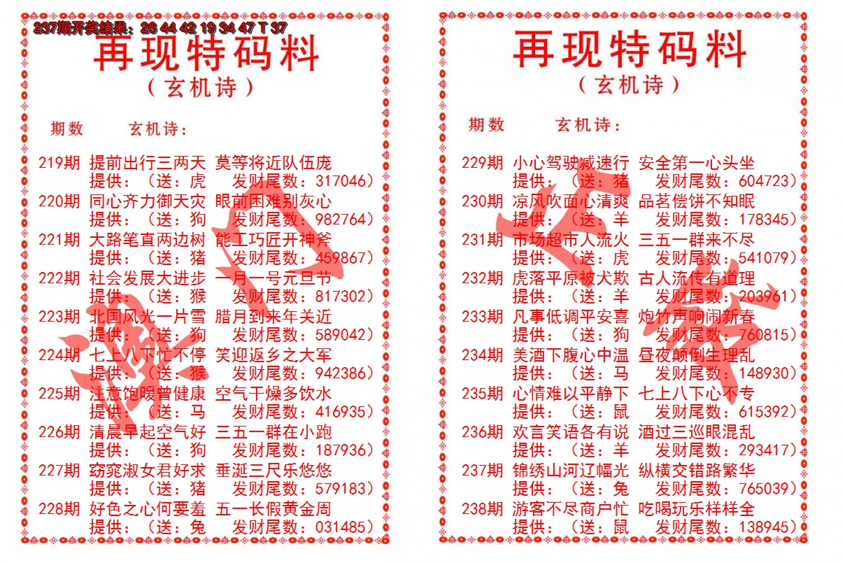 2024238期再现特码料