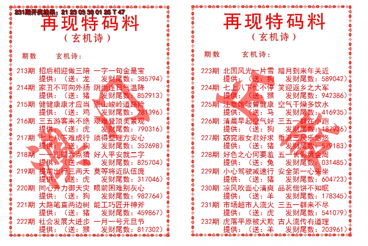 2024232期再现特码料