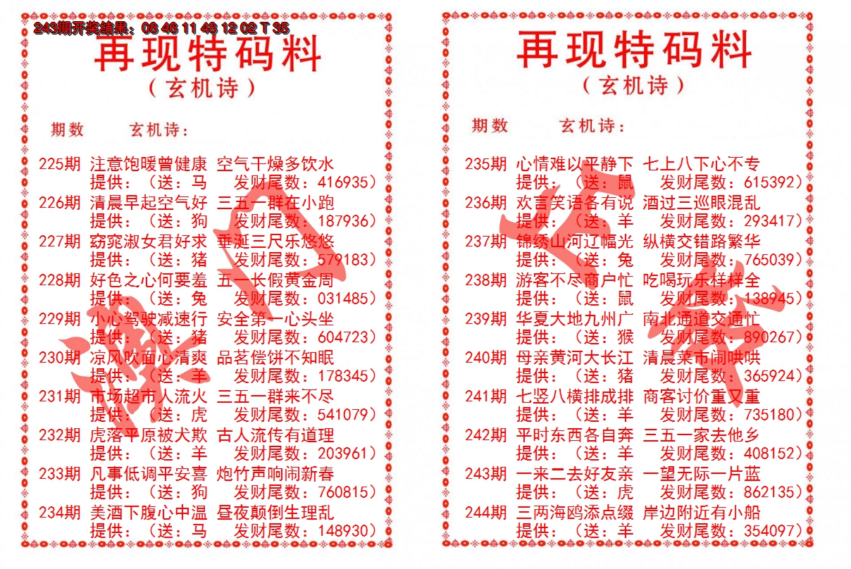 2024244期再现特码料