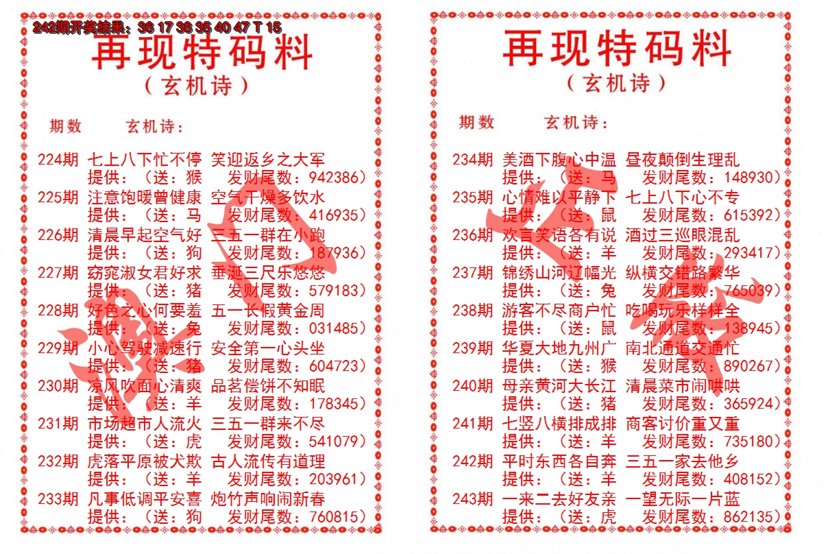 2024243期再现特码料