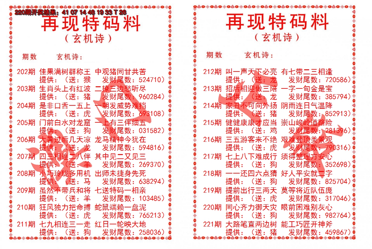 2024221期再现特码料