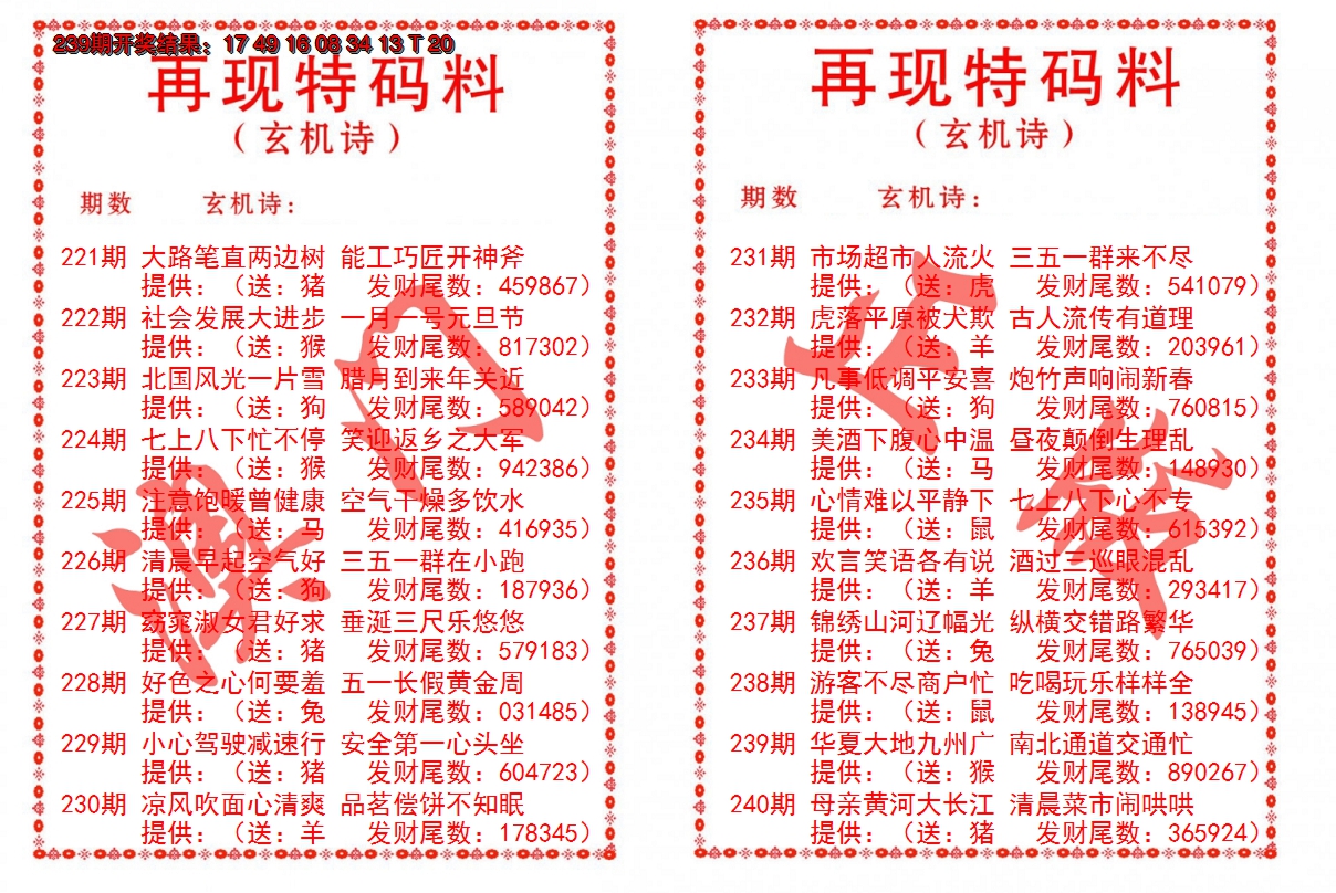 2024240期再现特码料