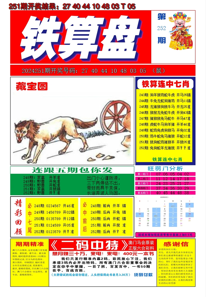2024252期澳门铁算盘A