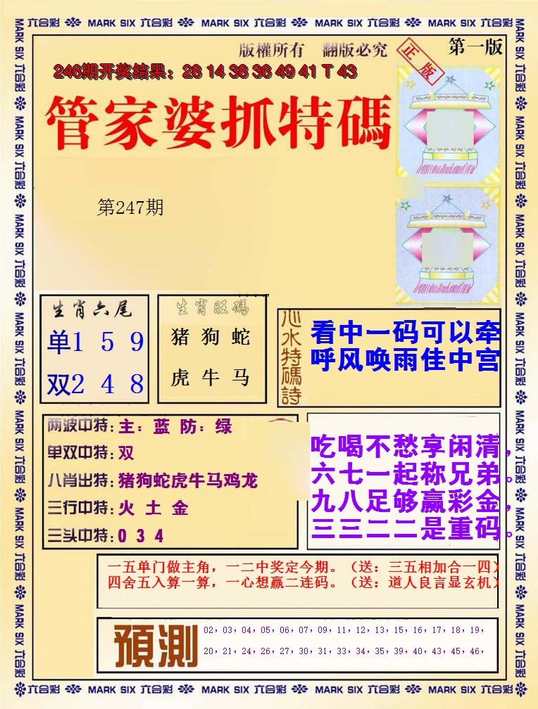 2024247期管家婆抓特码A