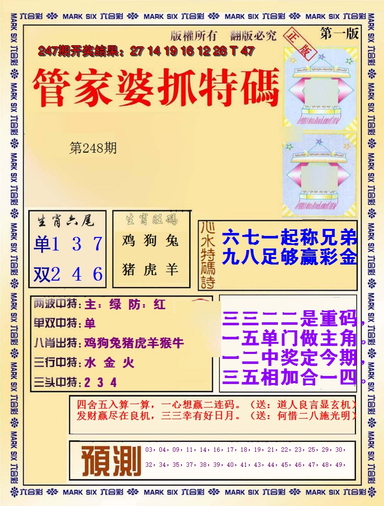 2024248期管家婆抓特码A