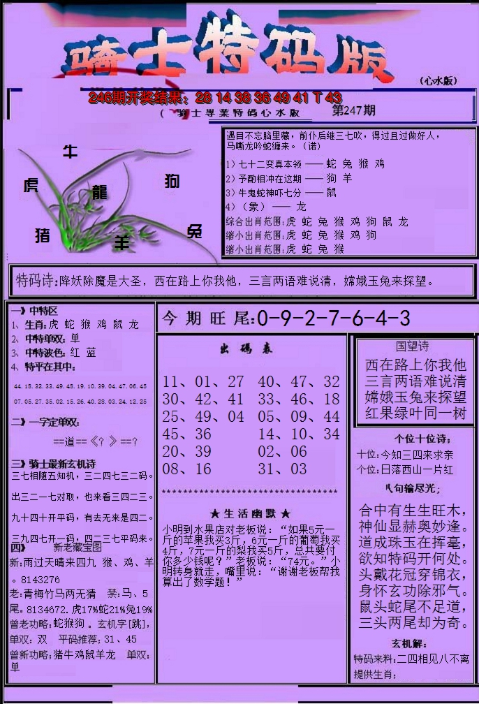 2024247期骑士特码版