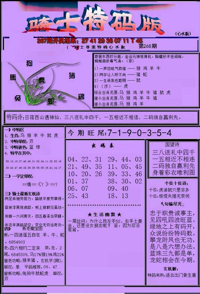 2024268期骑士特码版