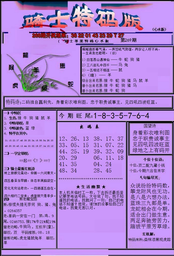 2024269期骑士特码版