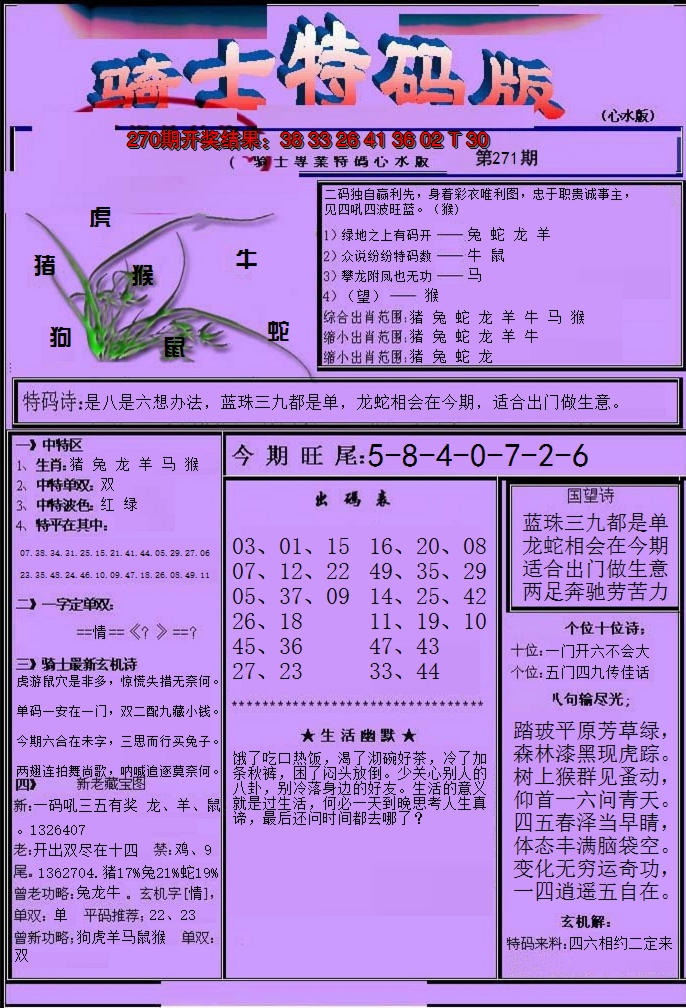 2024271期骑士特码版