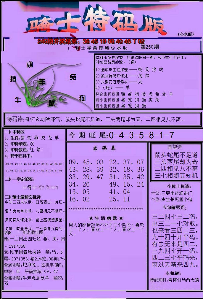 2024250期骑士特码版