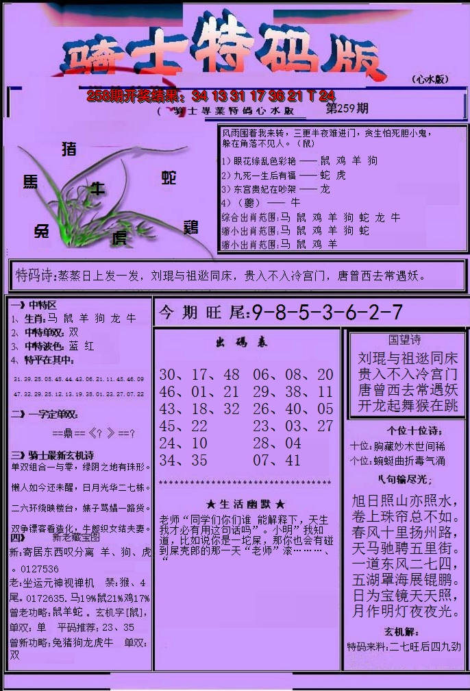 2024259期骑士特码版