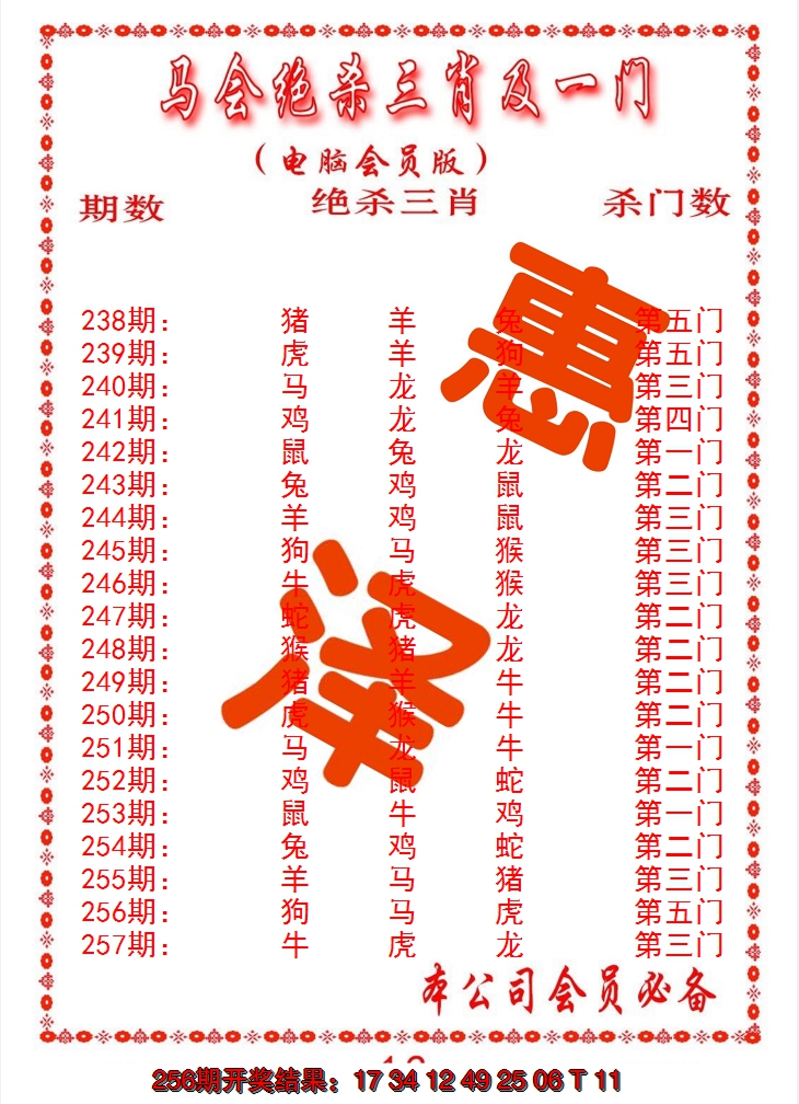 2024257期马会绝杀三肖及一门