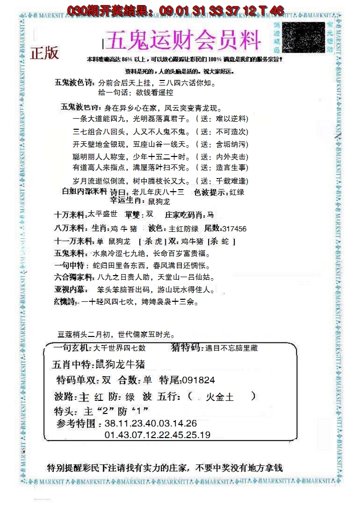 2025031期五鬼运财会员料
