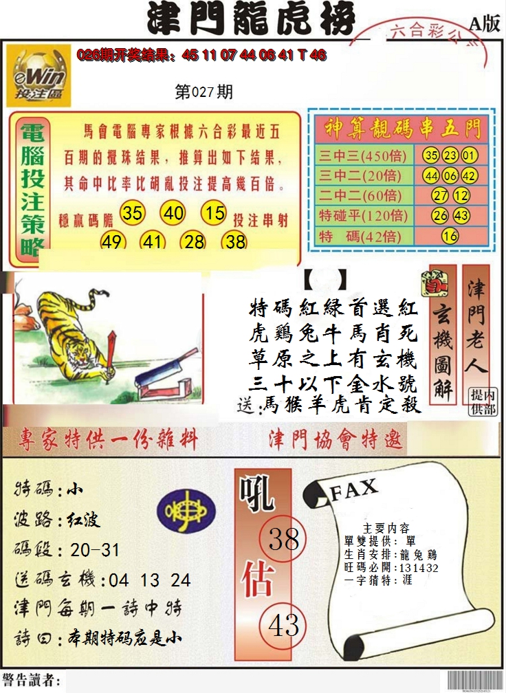 2025027期津门龙虎榜A