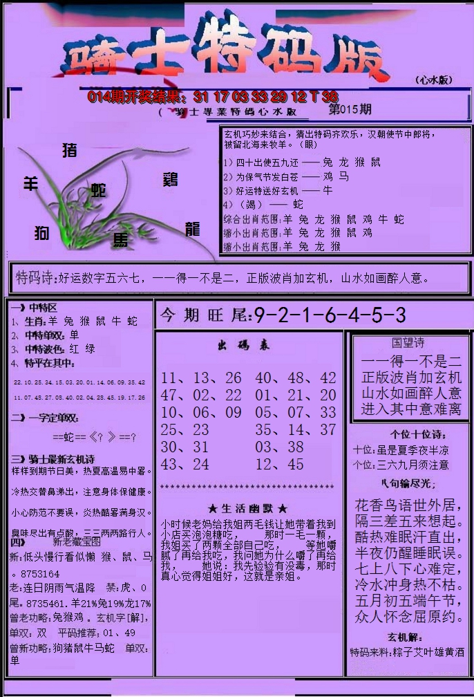 2025015期骑士特码版