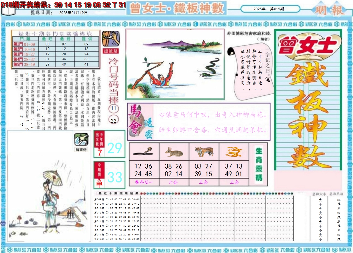 2025019期曾女士铁板神数A