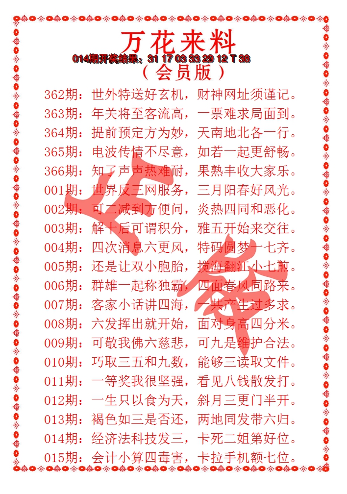 2025015期万花来料