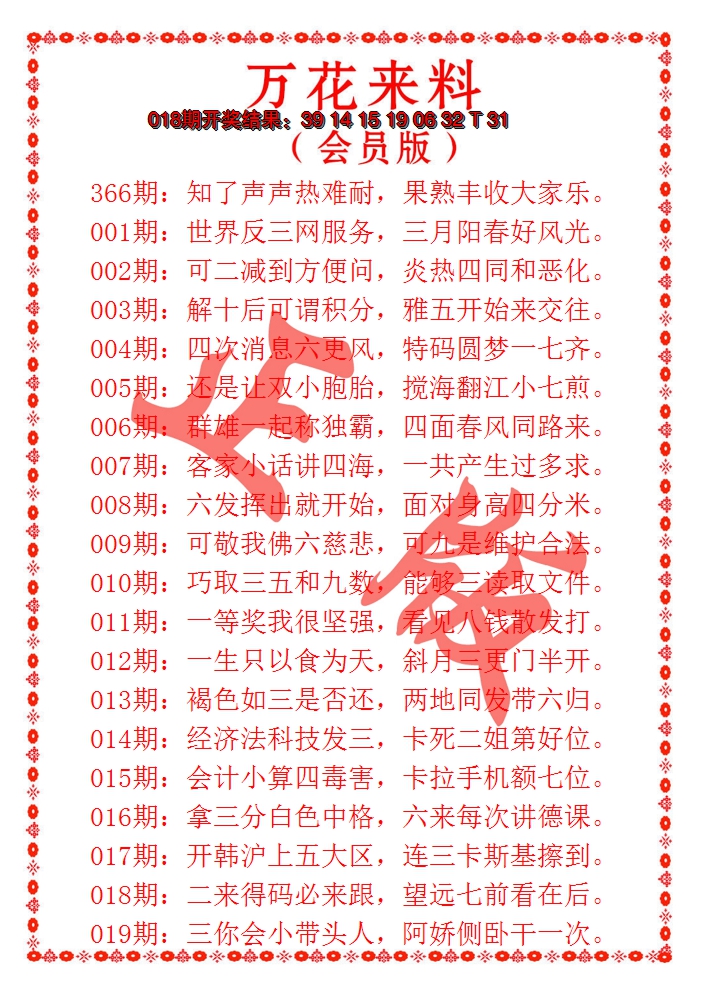 2025019期万花来料