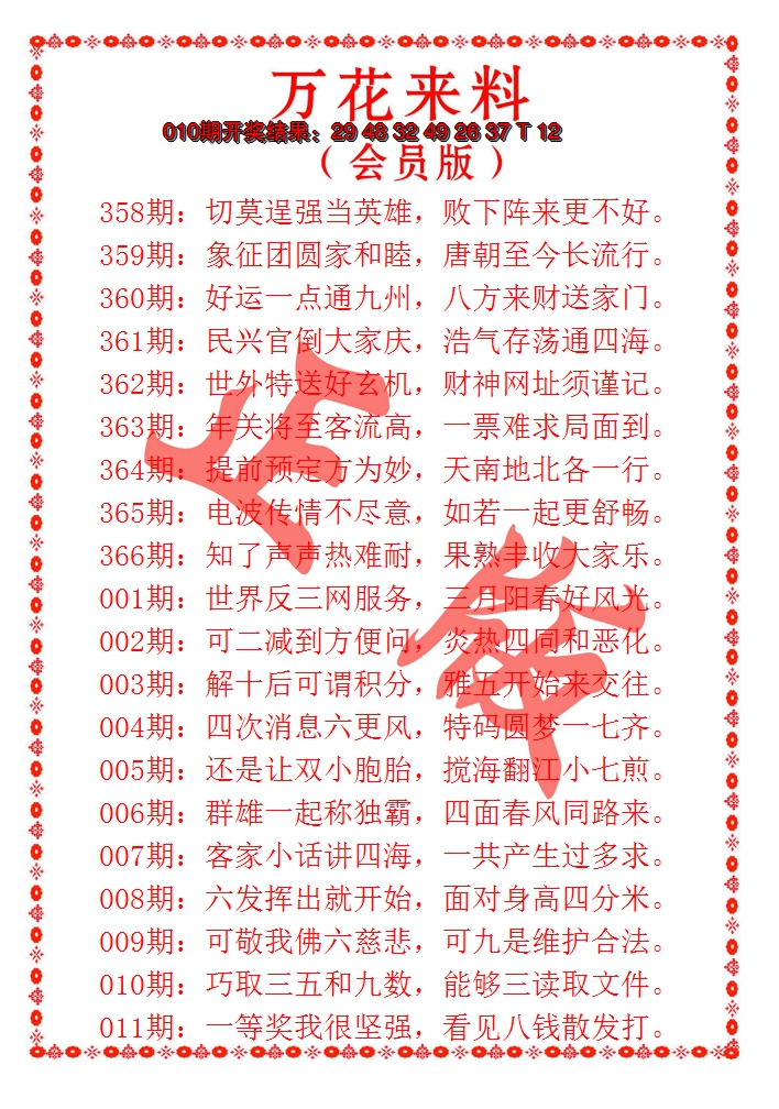 2025011期万花来料