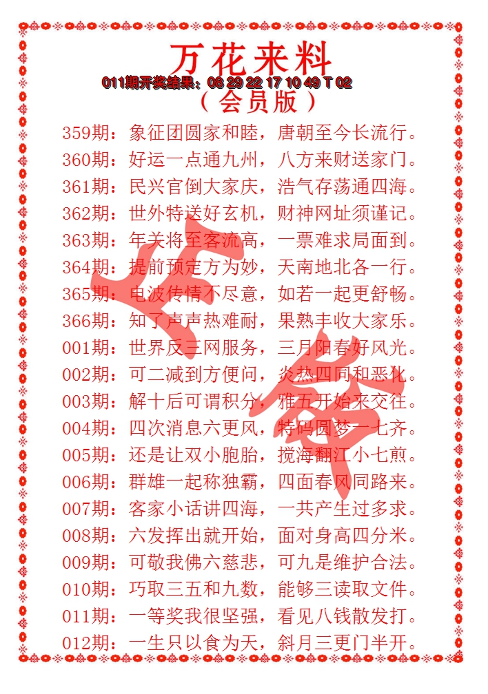 2025012期万花来料
