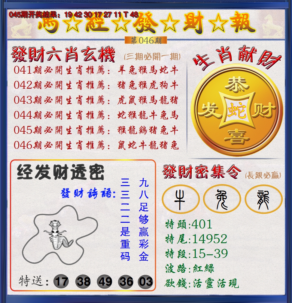 2025046期澳门发财报