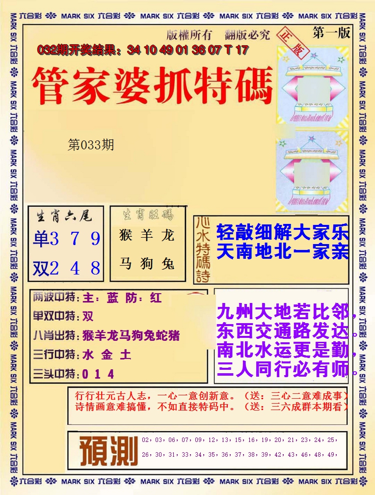 2025033期管家婆抓特码A