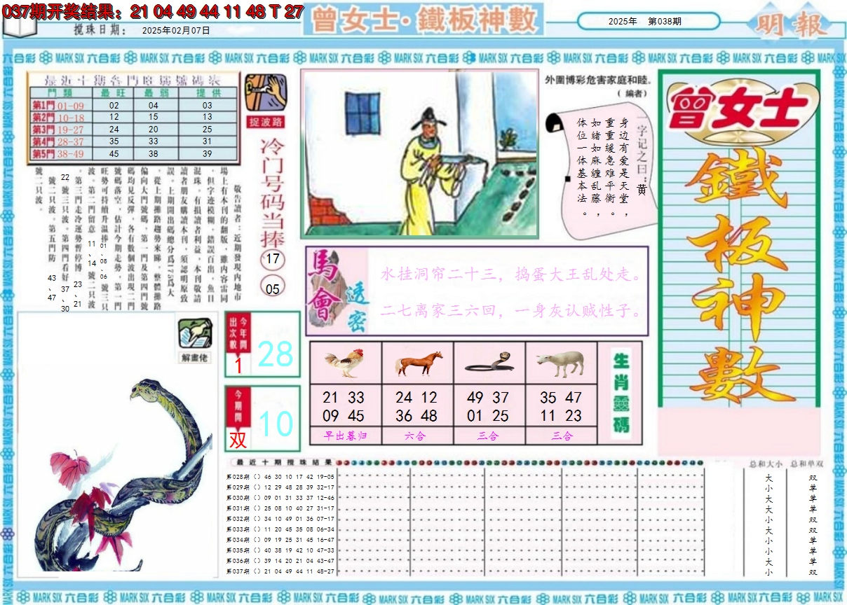 2025038期曾女士铁板神数A