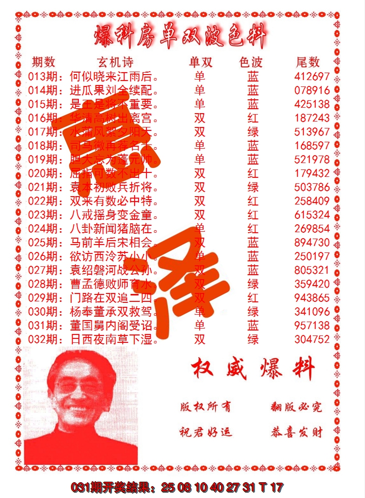2025032期爆料房单双波色料