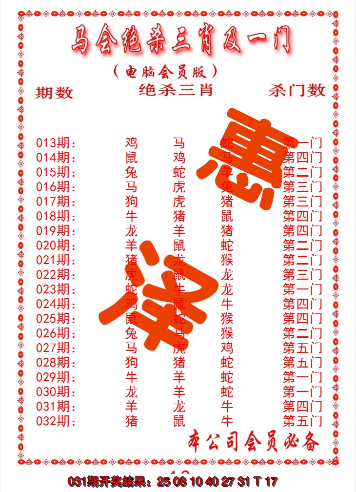 2025032期马会绝杀三肖及一门