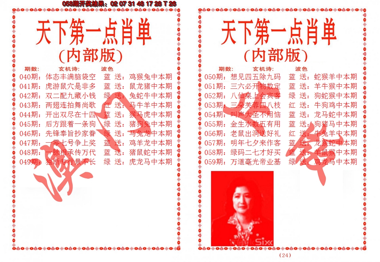 2025059期天下第一单肖单
