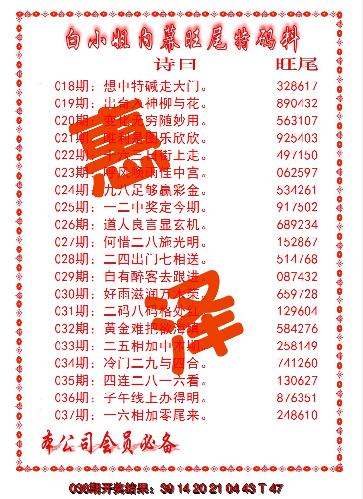 2025037期内幕旺尾特码料
