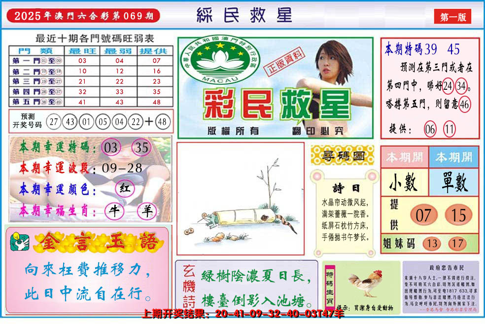 2025069期澳门彩民救星