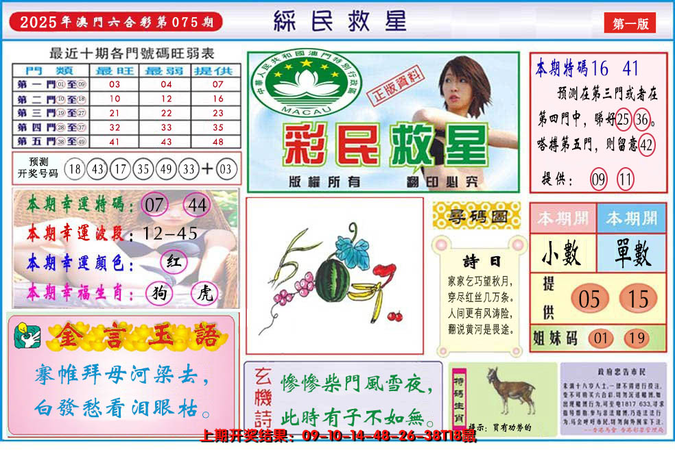 2025075期澳门彩民救星