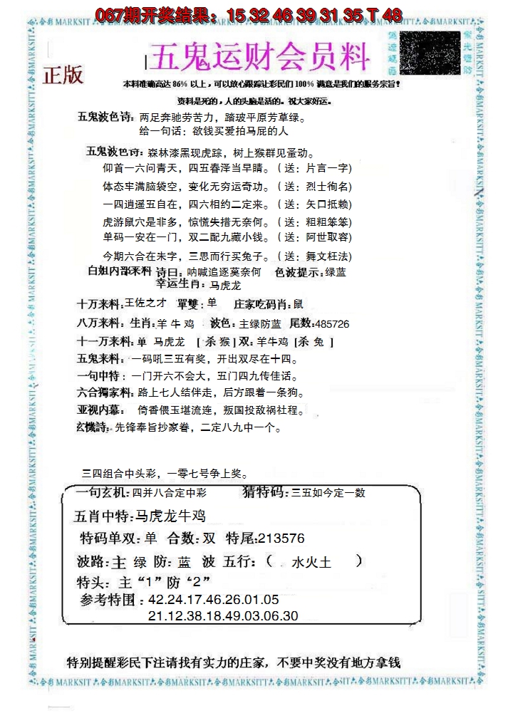 2025068期五鬼运财会员料