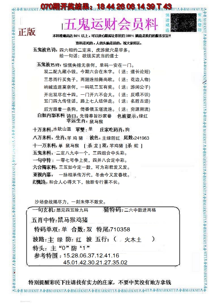 2025071期五鬼运财会员料