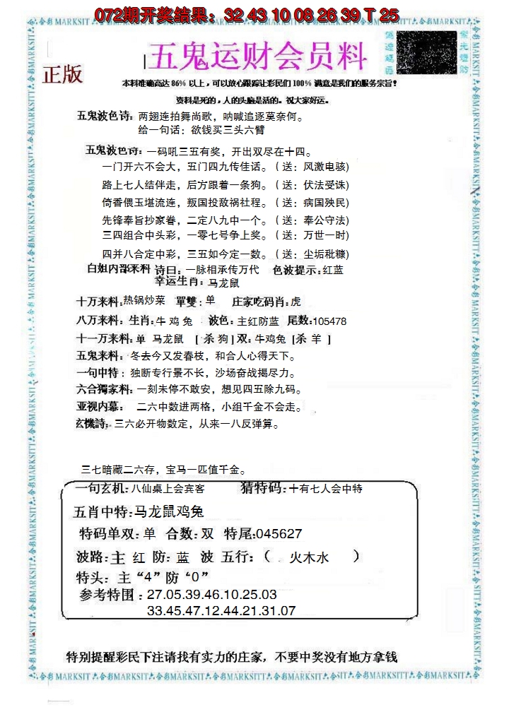 2025073期五鬼运财会员料