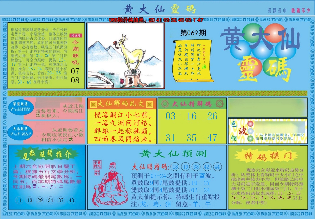 2025069期黄大仙灵码A