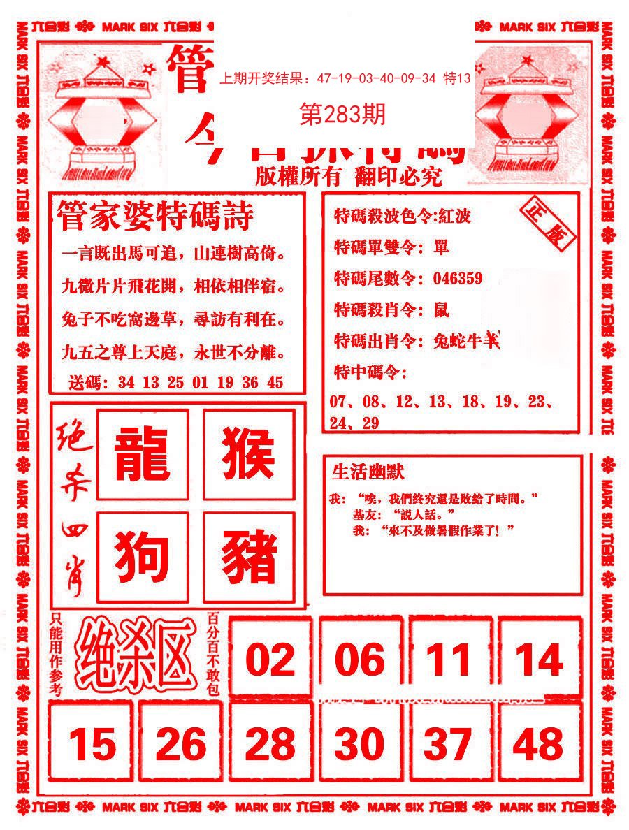 2024283期管家婆抓特码B