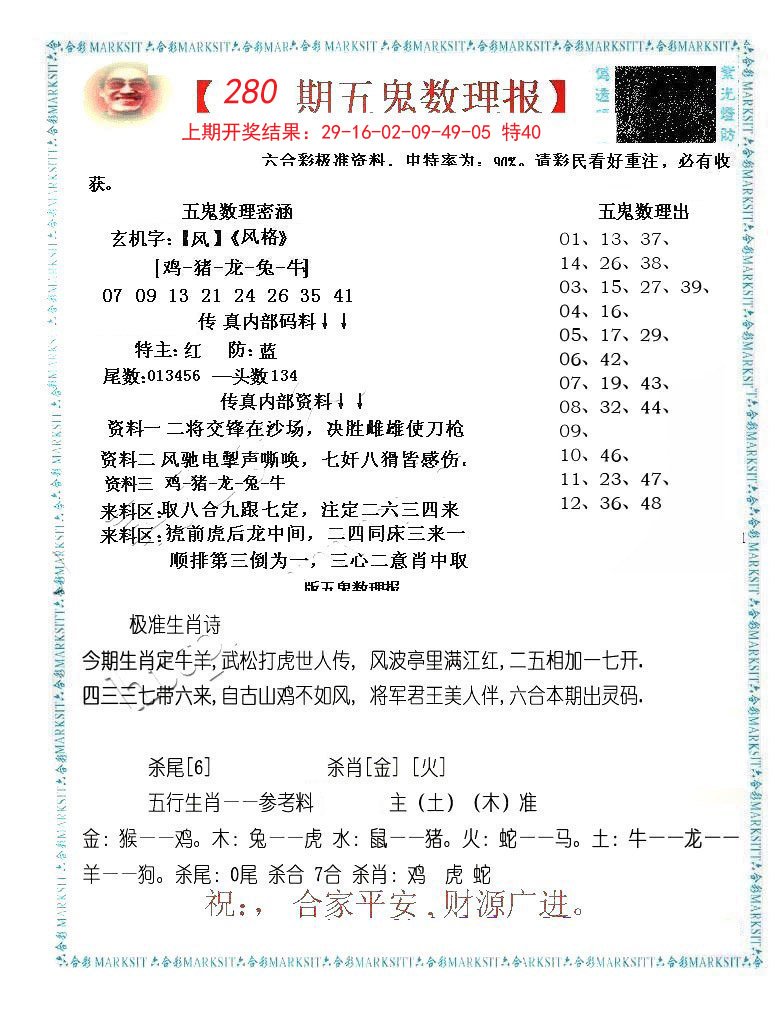 2024280期五鬼数理报