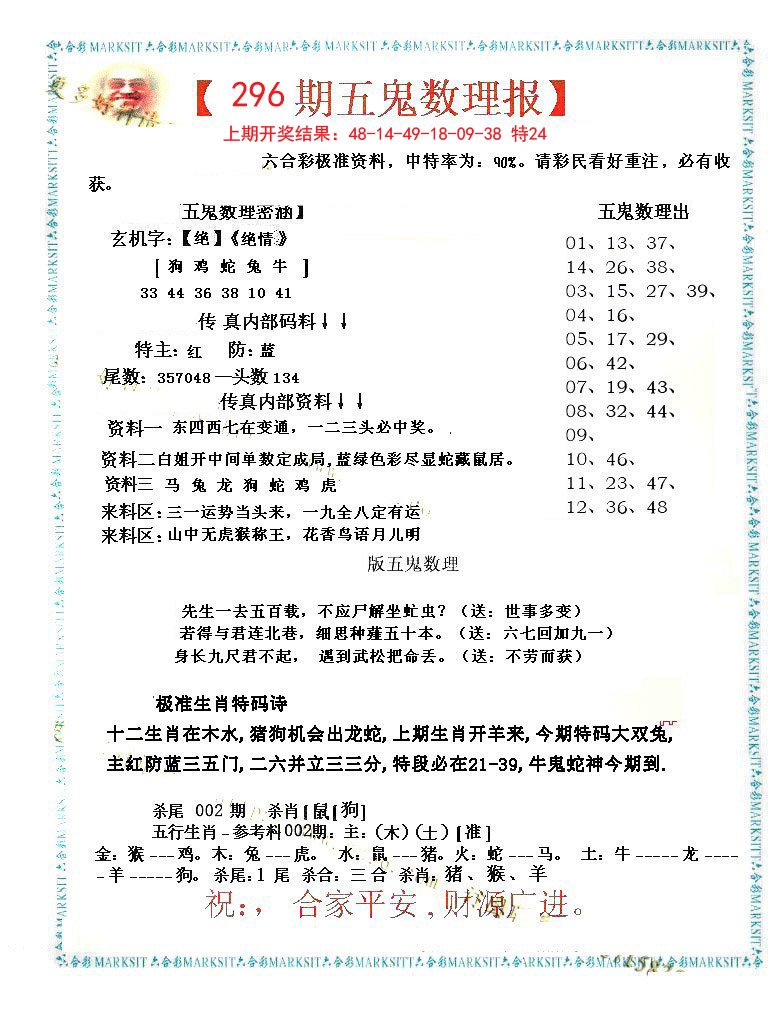 2024296期五鬼数理报