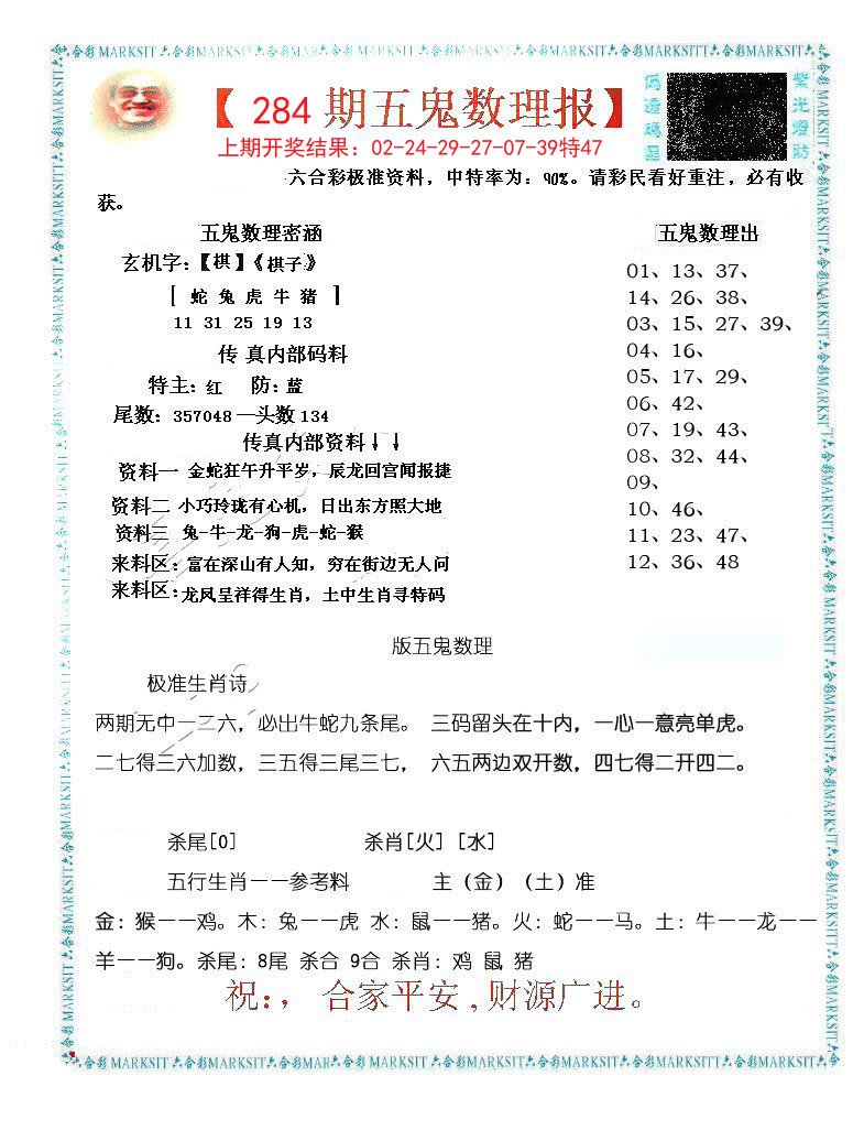 2024284期五鬼数理报