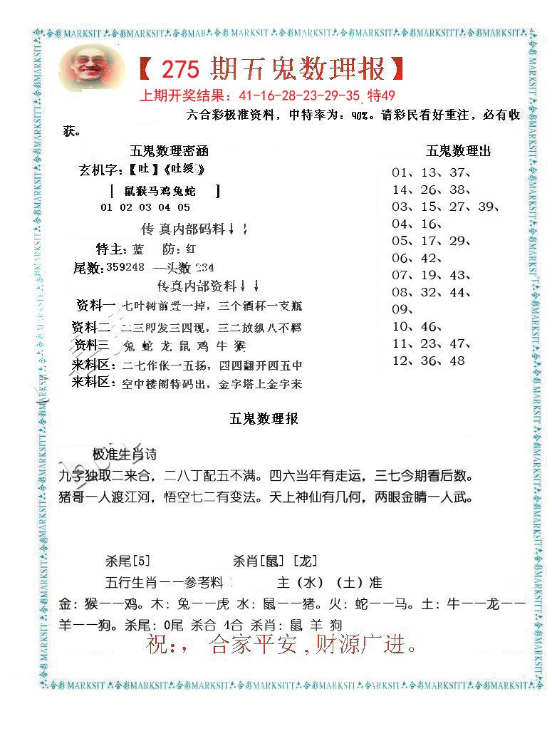 2024275期五鬼数理报