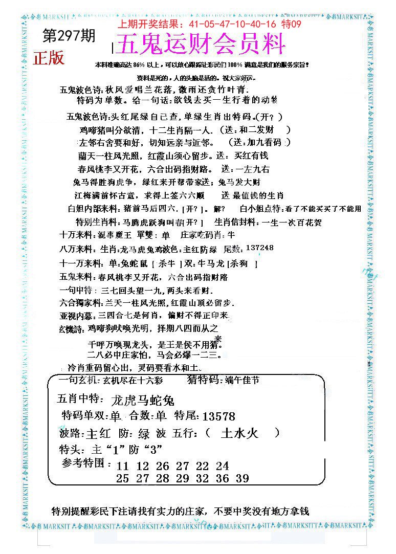 2024297期五鬼运财会员料