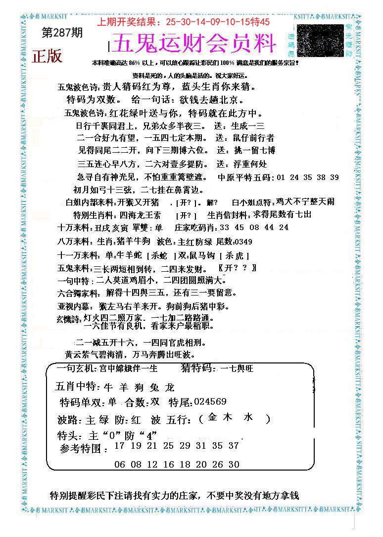 2024287期五鬼运财会员料