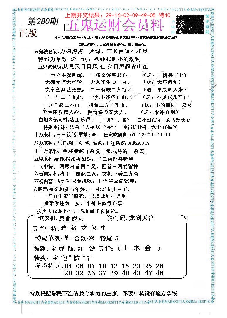 2024280期五鬼运财会员料