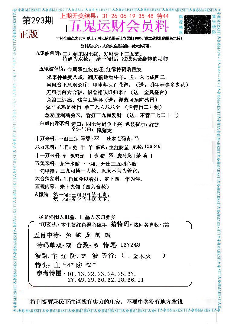 2024293期五鬼运财会员料